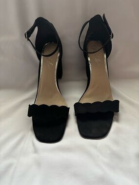 Scalloped Black Ankle-Strap Block Heels